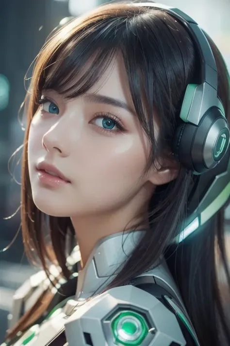  best image quality,  detail,  super high definition, ( realism: 1.4),  best illustration, ,  one very condensed girl ,  DELICATE AND BEAUTIFUL FACE , Beautiful woman wearing a black and green mecha ,  wearing a mecha helmet ,  holding a direction control ...