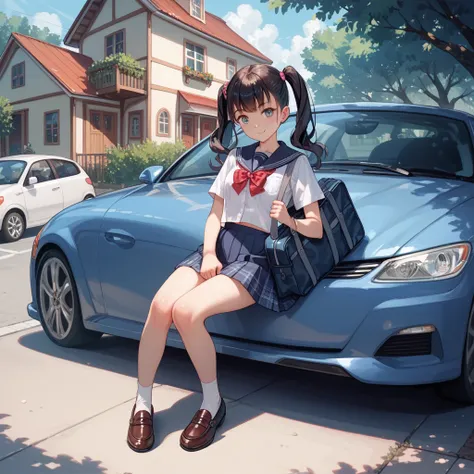 1girl, sitting, roki_hirokix style, house, school uniform, school bag, twintails, car, carrying bag, 