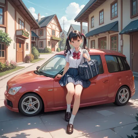 1girl, sitting, roki_hirokix style, house, school uniform, school bag, twintails, car, carrying bag, 