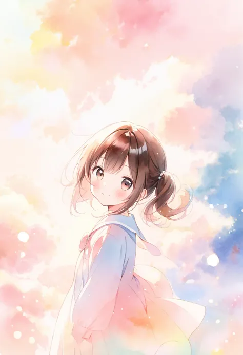 (ultra detailed:0.7), cover image, (soft pastel tones, watercolor, (bright color:1.3), transparent, gradation, harmonious and calm atmosphere:1.1), 
1girl, , Elementary school girl, brown hair, big eyes, black eyes, ((red round eyewear)), side ponytail, sm...