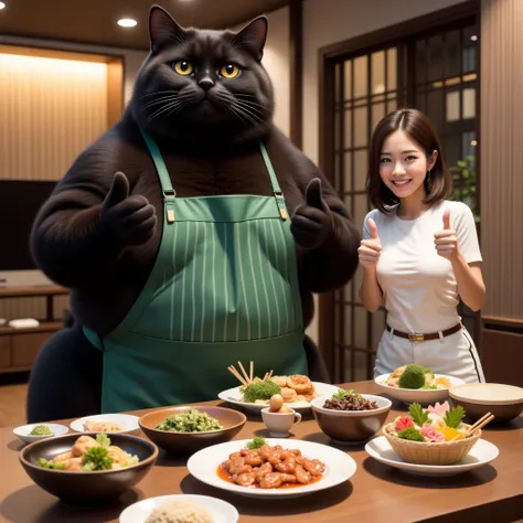 Ultra-realistic, photorealistic, dramatic scene, shadows, global lighting, (very large and fat human-like black cat wearing a green apron with vertical stripes looks at a steaming dinner lavishly presented on a dining table in a stylish Japanese apartment,...