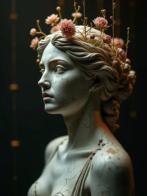 Greek female statue emotional with cracks background is black with glowy geometrical gold shapes flowers growing on head sad emotional 