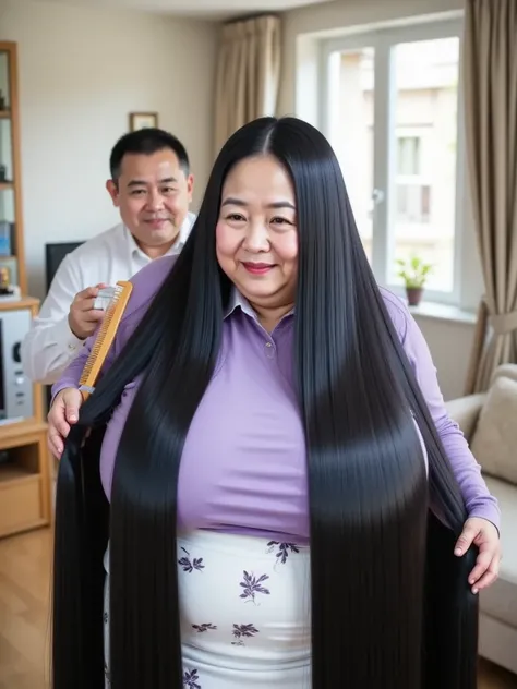 A young man is combing a mature woman's ridiculously long black hair with a wooden comb in the living room
,Her huge saggy breasts are saggy ,purple high neck sweater,white floral skirt, 8k, top quality, masterpiece, super high resolution ,(masterpiece:1.6...