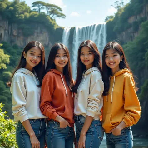 Poto studio Indonesia ,four beautiful young white Indonesian women,Dress in Hoodie Jacket,jeans ,,waterfall mountains background