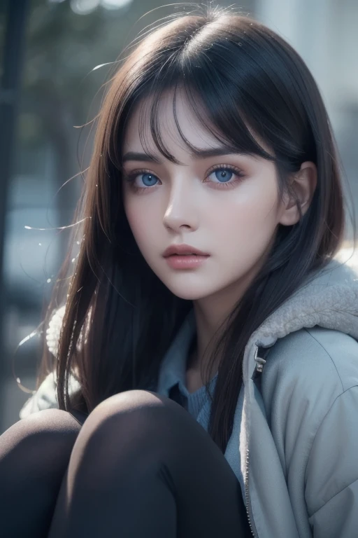 beautiful girl with realistic dark eyes wearing thick tights, blue-white skin, with medium length dark hair, Perfect face , perfect eyes, With the coat on , high definition , Comprehensive cinematic, Digital Painting , 8k, cinematic lighting , best quality...