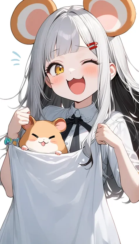 hamster ear 少女,  Cute Hamster Ears ,  very realistic white hamster , perfect anatomy,   long white hair, 非常に  long hair,  straight perm, bangs, (((bangsに赤い蝶のヘアクリップ))),   yellow eyes,  New Look,   long hair, Gray Hair, Black inner hair, ：3,  Panicked  ,   o...