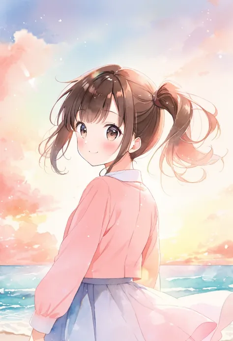 (ultra detailed:0.7), cover image, (soft pastel tones, watercolor, (bright color:1.3), transparent, gradation, harmonious and calm atmosphere:1.1), 
1girl, , Elementary school girl, brown hair, big eyes, black eyes, ((red round eyewear)), side ponytail, sm...