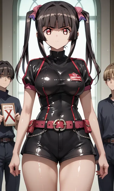  score_9_ up,  score_8_ up,  score_7_ up,  source_Anime, Masterpiece,   perfectly detailed  ,  detailed face,  detailed eyes ,  beautiful eyes, Shirabe Tsukuyomi, twintails, Crimson eyes, black hair, long hair, Wide hips,  thighs, 大きなRound Breasts,  huge a...