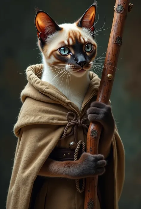 A feline, Humanized, slender, It appeared of the Siamese breed ,  a white spot that extends from the chin to the nose,   dressed in a cloak of thick and worn fabric ,  leaning on a rustic wooden staff ,  a brilliant look and a smile that shows affection 