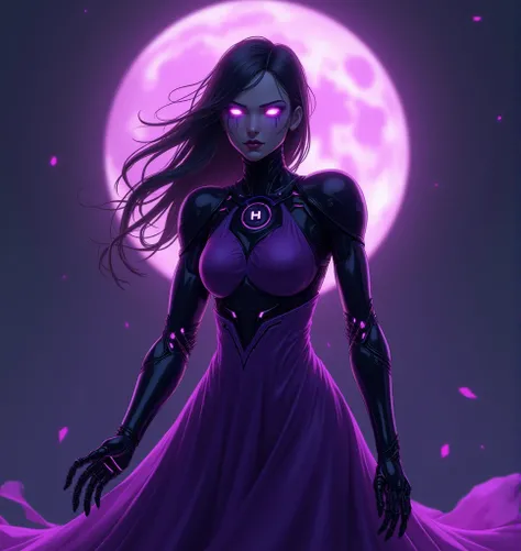 Ai women robot in, with her dark purple aura,her eyes are glowing with purple aura, with her long gown purple,at her back is full moon,left eye close because of scars, (High Resolution, High Resolution),  with angry look. 