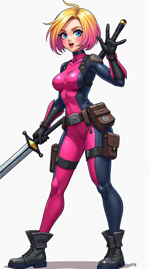 gwenpool, 1girl, weapon, blonde hair, multicolored hair, solo, blue eyes, sword, pouch, superhero, short hair, gradient hair, open mouth, belt, two-tone hair, pink hair, breasts, gloves, belt pouch