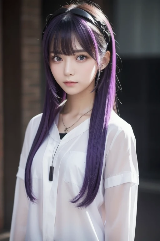 Masterpiece, 1 girl,Alone, A faint smile,  metal necklace ,  white shirt, Modern uniform ,  accessories,  purple and black two-tone hair color, Unique Hairstyle ,  stylish,  black background