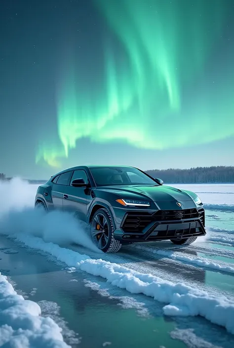 A Lamborghini Urus drifts across a frozen lake, its tires spitting shards of ice as it gracefully dances between snow-covered obstacles under the aurora borealis.