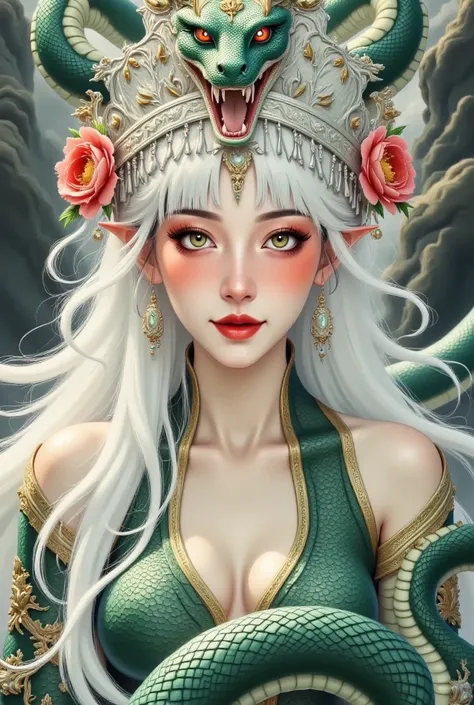 Close-up of a woman，She has a snake on her head, Dragon Queen,  A Beautiful Fantasy Queen , detailed Digital 2D Fantasy Art, Portrait of Dragon Girl, White-haired gods, Snake Queen , epic  fantasy art style, Beautiful character painting ,  detailed digital...