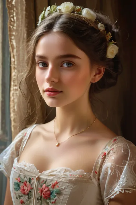  Portrait of a beautiful 16-year-old German girl in 19th-century Munich

:  oil painting
beautiful detailed eyes ,   beautiful detailed lips, , extremely detailed eyes and face ,  long lashes
brown hair in intricate curls ,  stylized with a delicate floral...