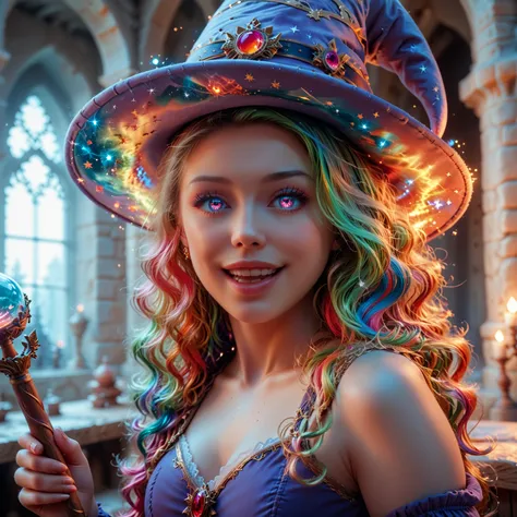 a magic student with tight clothes in a castle like Hogwarts with a magic wand in her hand the glowing, colorful hair,  very long hair , wavy hair, colorful eyes,  sparkling eyes , Creolen, Make-up,  open mouth,  seductive smile know,  oral invitation , wi...