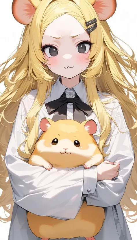 hamster ear 少女,  Cute Hamster Ears ,  very realistic yellow hamster , perfect anatomy,   long yellow hair , 非常に  long hair,  straight perm, bangs, (((bangsに赤い蝶のヘアクリップ))),  black eyes,  New Look,   long hair, Yellow Hair, white inner hair , ：3,   oversized ...