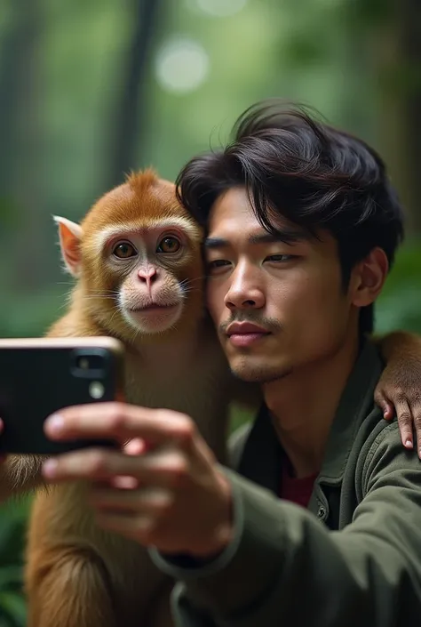 A ultra realistic image of A monkey is taking a selfie with a 22-year-old man next to it.selfie,ultra quality