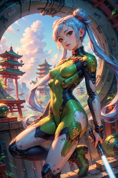 Best quality, beautiful (Asian:2) woman, light blue hair,pigtails, hair buns,Green eyes,Colossal ,White Cybersuit,Bodysuits, holding lightsaber, sci-fi boots, spaceship at the background in the space