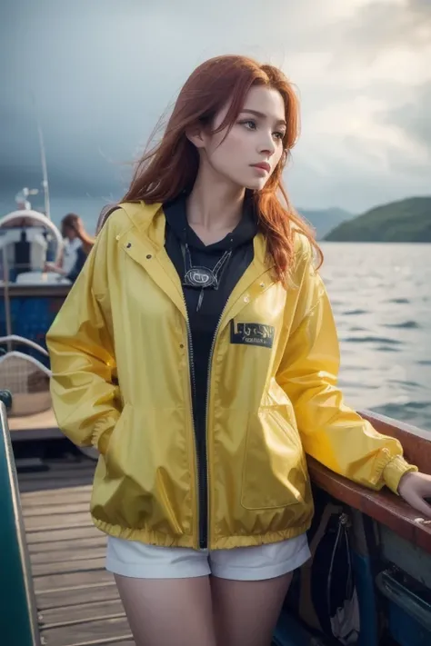 (Masterpiece:1.2),  best quality , Beautiful female fisherman photo,  redhead, 20 years old,  wearing a yellow raincoat,  (On a fishing boat:1.3),  Dark Clouds, Photo realistic, Hyper realistic,  hyperdetail,  analog style , Bent over,  discreet ,  Low Cut...