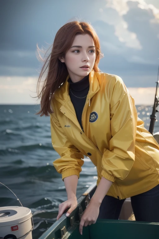 (Masterpiece:1.2),  best quality , Beautiful female fisherman photo,  redhead, 20 years old,  wearing a yellow raincoat,  (On a fishing boat:1.3),  Dark Clouds, Photo realistic, Hyper realistic,  hyperdetail,  analog style , Bent over,  discreet ,  Low Cut...