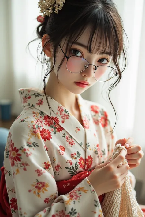 (( best quality)), ((傑 best quality、masterpiece、High sensitivity、 high resolution、 detailed depiction 、 depicting a delicate face))Slender Woman、Glasses、Sit on a kotatsu 、Knit a scarf、Flower patterned kimono、Hairpin、