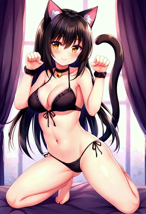  girl,Cat ears, cat tail, cat pose,Cat&#39;s Eyes, kneeling, belly button out, miniskirt,smile