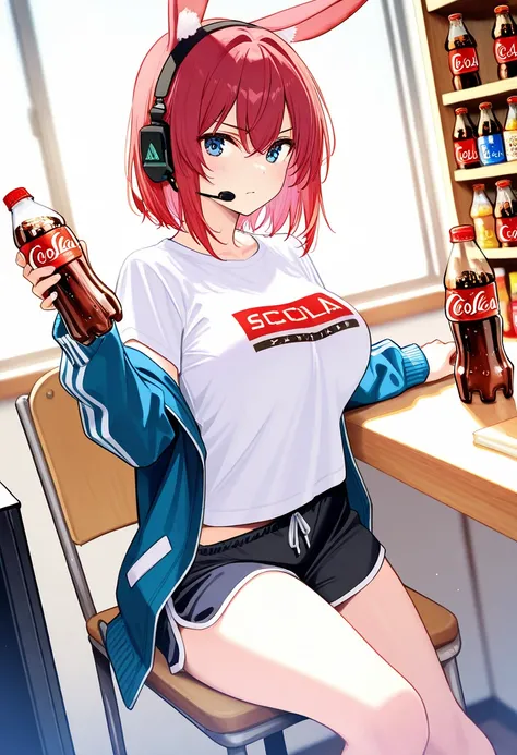 score_9,score_8_up,score_7_up,rating_safety,source_manga,masterpiece,best quality,hyper detailed,super fine illustration,8k,cinematic angle,from front,
BREAK 1girl,17yo,rabbit ear,(headset),(jacket,t-shirts,half pants),(holding_cola),sitting on chair,BREAK...