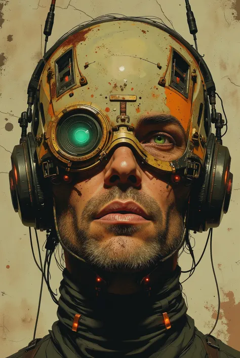 Cyberpunk digital close-up painting depicting the face of a futuristic character (a man in his 40s), (slightly turned to the right). The character's face is partially hidden by a complex cybernetic headdress made of weathered metal with complex mechanical ...