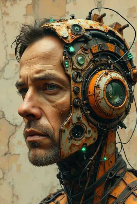 Cyberpunk digital close-up painting depicting the face of a futuristic character (a man in his 40s), (slightly turned to the right). The character's face is partially hidden by a complex cybernetic headdress made of weathered metal with complex mechanical ...