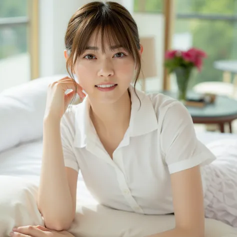 (Masterpiece, Best quality:1.3), (Ultra realistic, Photo-realistic:1.2), (nsfw: 1.3), (Full body: 1.2), Japanese woman, Natural light, 26 years old actor, Neat and clean, ((Wearing white tennis uniform, White short-sleeve polo shirt with collar: 1.3)), (No...