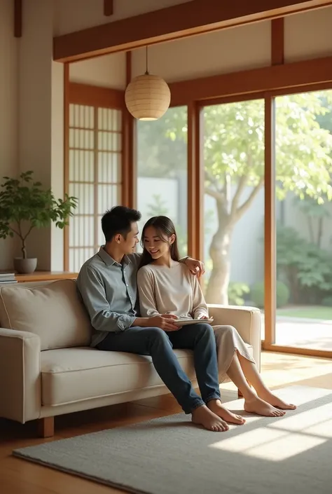 A photorealistic depiction of a Japanese-style modern single-story house (bungalow) interior with a warm, natural ambiance. The scene features a young Japanese couple, both in their late 20s to early 30s, sitting in the living room. The man wears a casual ...