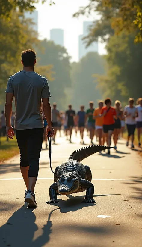 "Ultra-realistic, high-quality scene of an American man in a classic morning walk outfit – a simple athletic T-shirt, joggers, and sneakers – walking confidently with a leash attached to a massive, scaly alligator. The alligator, surprisingly calm, is foll...