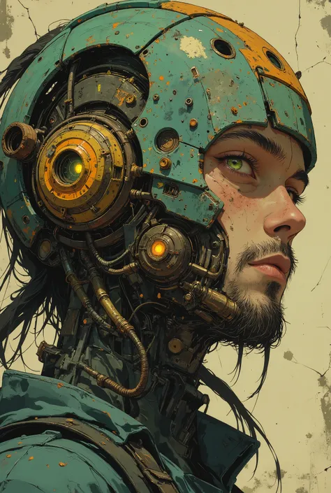 A cyberpunk digital close-up painting depicting the face of a futuristic character ((a man in his 40s)), slightly turned to the right. The character's face is partially hidden by a complex cybernetic headdress made of weathered turquoise metal with complex...