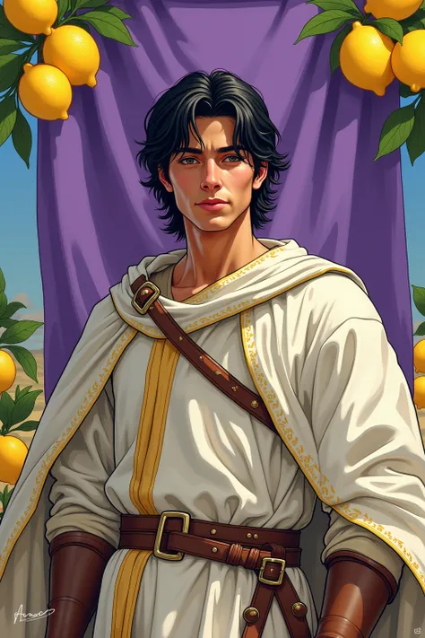 Andrey is a knightof 24 years. He has an open face and an easy smile. He has black hair and a smooth olive colored skin. He is lithe. He wears robes of linen. 
On the background a large purple banner filled with lemons. 
Use classic comic-style inking, wit...