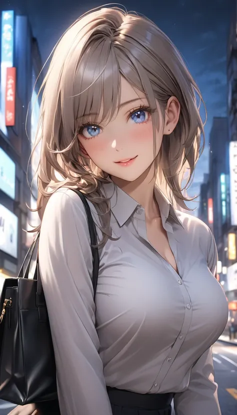 a beautiful young business woman in her 20s, office lady, beautiful detailed eyes, beautiful breasts, lively expression, elegant office attire, cinematic lighting, photorealistic, city street background, 