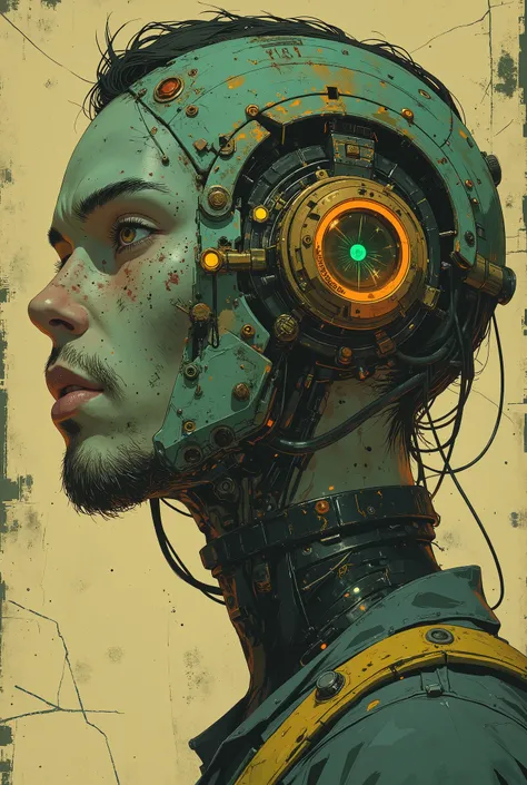A digital cyberpunk-style close-up painting depicting the face of a futuristic character (a man), slightly turned to the right. The character's face is partially hidden by a complex cybernetic headdress made of weathered turquoise metal with complex mechan...