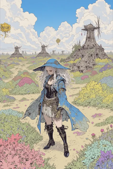  Idyllic Flower Rural Dancer with Windmills, Colorful Flowers Swaying in the Wind Blur , Blue Hood , The Year Otome Who Is Leading in the Festival ,RPG Art, Highly Detailed Characters,,Dark fantasy style , RPG character concept art , Video Game Art ,Highly...