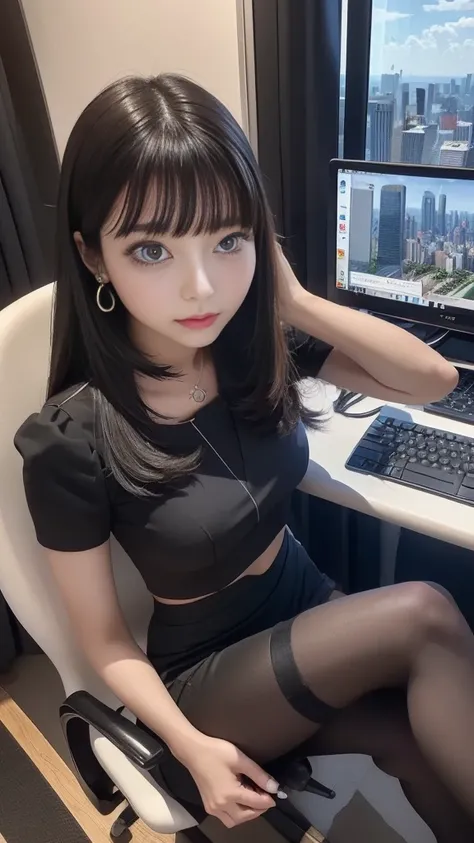 Black(( micro pencil skirt overlooking the city from the top of a hill、 stockings、 pin heels))、White blouse、 1 girl、Blonde、 Straight Bob Hair 、Medium breast、 skinny body、Earrings、(Inside the company、In front of the computer desk、Sit in an office chair)、((F...