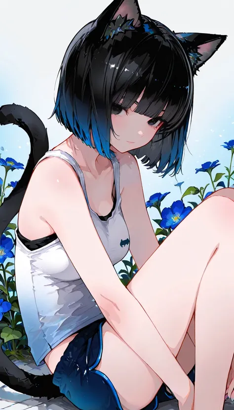 1girl, black eyes, Black Hair (blue gradient), blunt bangs, short Hair, Cat ears and tail, medium Breast, tank top, dolphin pants, bare legs, cat tails, cool face, techwears, masterpiece, best quality, Perfect details, perfect composition, flower pettern,