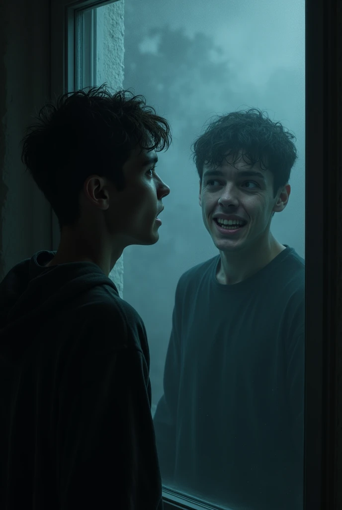 A young man standing in front of a dark window, his eyes wide with horror. Outside, in the foggy night, stands another version of himself—identical in appearance but with an eerie, unnatural smile. The reflection is slightly distorted, creating a chilling ...