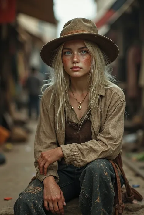 Realistic young slender girl with very fair hair and blue eyes in rough clothes and an old hat, middle ages, bazaar, her face and hands in soot. She is beautiful like goddess and adult