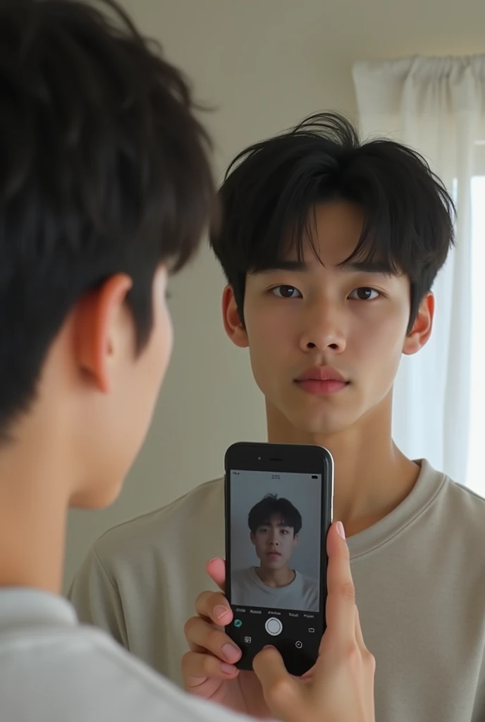 Korean boy taking a picture in the mirror holding his cell phone who has the face of a model who is 18 years old and who has the face of an Idol who is getting ready to go to high school 