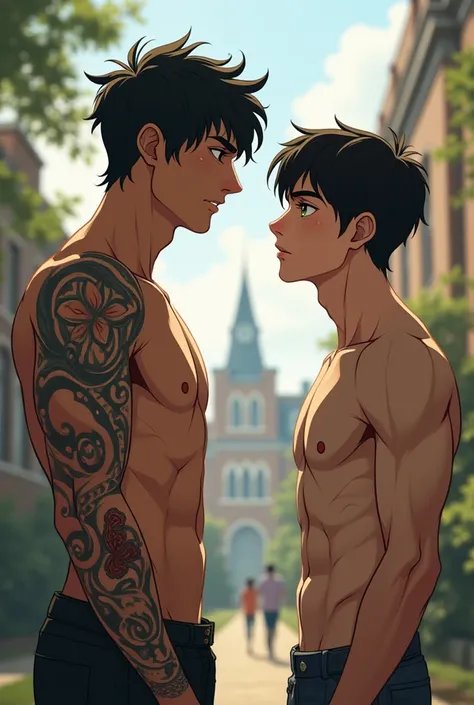 Create the image of two boys about 20 years old, one tall muscular with black hair and brown eyes., With tattoos, The other boy, on the other hand, thin and shorter, green eyes and black hair. Both with their clothes on and looking at each other's faces as...