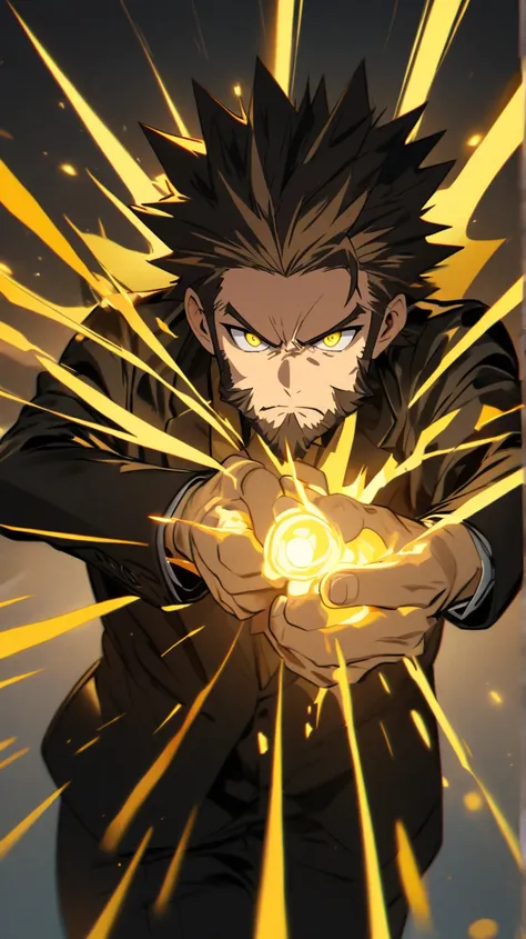  A man in a black suit with brown and bearded spiky hair,  yellowish eyes ,  with a serious expression . Hands shoot yellow lights 