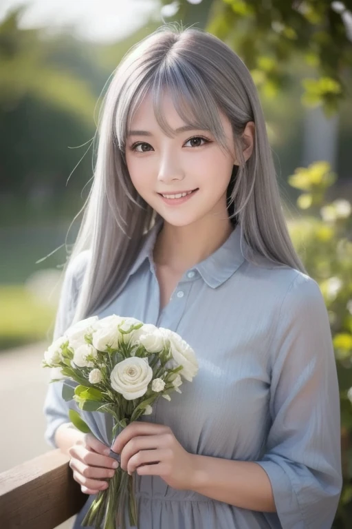 Masterpiece,  best quality ,  1 GIRL, Gray Hair,  smiles,  stare at viewers, adult, Fully Matured,  holding flower