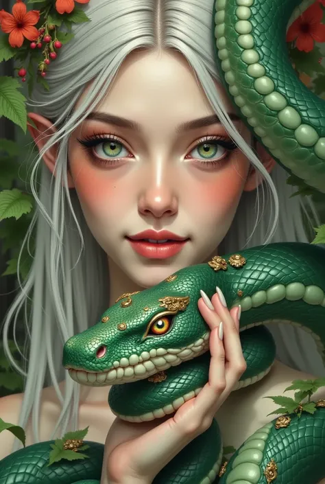 Closeup of a woman holding a snake in the forest, the Dragon Girl portrait, Artistic Germ detailed, extremely detailed Artistic Germ,  fantasy art style, Artistic Germ lau, Artistic Germ. high detail, ig model | Artistic Germ, Dragon Girl, style Artistic G...