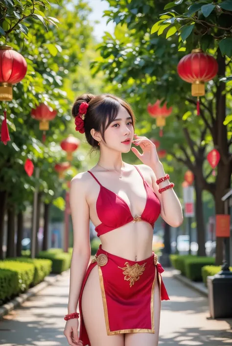 
A serene Thai woman stands beneath a lush tree canopy, adorned with vibrant Chinese lanterns and fluttering red envelopes. Her fair skin glows under the soft daylight as she poses in a sensual stance, her high bun decorated with crimson flowers and her sh...