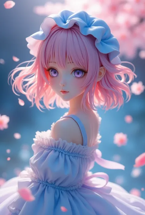 Soft light pink hair 、 lightly curled semi-short。 An eclectic Japanese-Western dress based on light blue or pale pink inspired by cherry blossom petals。Frills and ribbons create elegance 。The overall color is light and 、 ephemeral yet elegant design。What i...