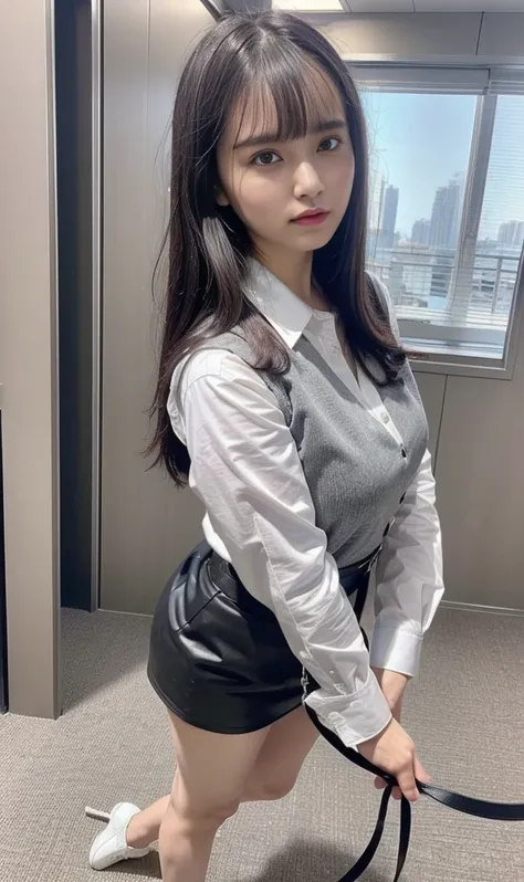 ((( look back, holding a long dog lead:1.3, shoes))), ((( Office Lady, Black straight hair with a long dog lead:1.2, bangs:1.2)))、((( gray vest, black skirt ,  white shirt )))、((( dark eyeliner ))), ((( big eyes)))、((( expressionless :1.2)))、  Japanese 、((...